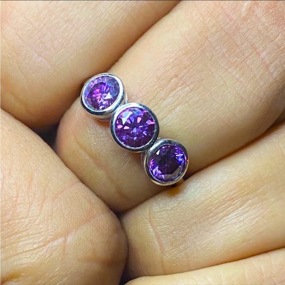 Certified, 3 stone Purple Moissanite Diamond Solitaire ring - Picture 1 of 12